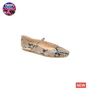 Square-Toe Mary Jane Flats with Snake Print Upper and Comfort Insole